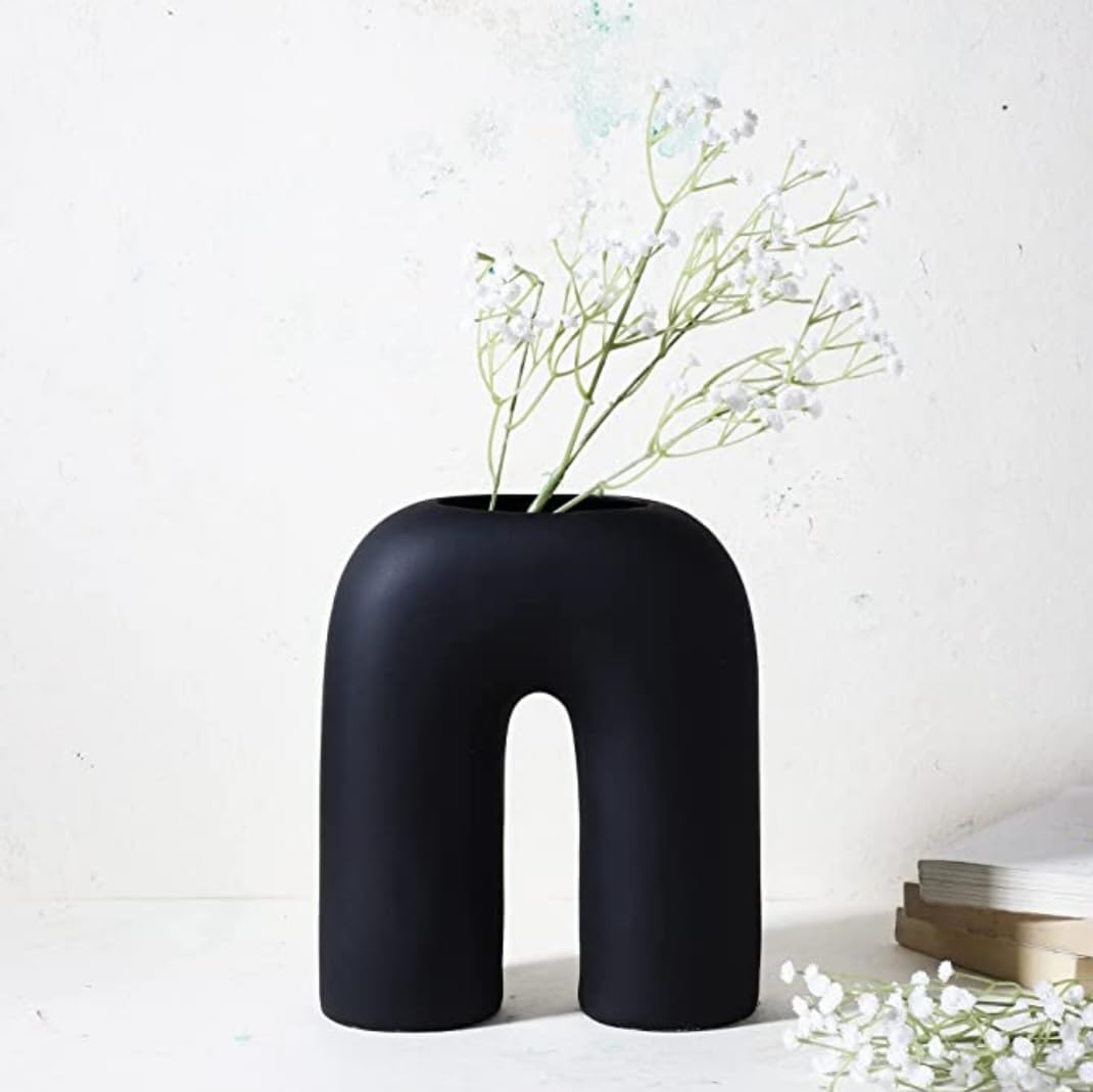 URBAN SENSE™ | U Shape Ceramic Minimalist White Flower Vase | Inverted U Shape vase | Pampas Grass Vase | Ceramic Vase | Home Decor Centrepiece | vase for Home Decor | Finish Matte (Black)