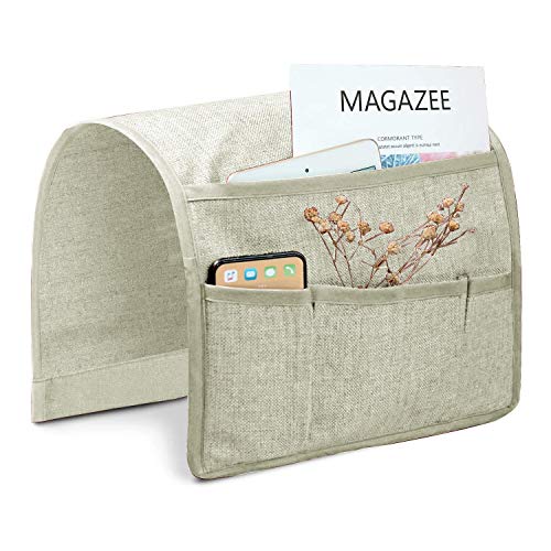 Joywell Sofa Armlehne Pocket Organizer, Couch Armlehne Caddy mit 5 Taschen für Zeitschriften, Bücher, TV-Fernbedienung, Handy, Brille, iPad 13'' x 35'' hellgrau