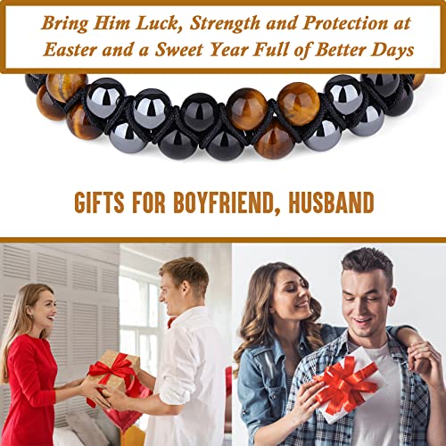 Easter Teen Boys Gifts Ideas Teenage Boyfriend 16 Year Old Triple Protection Men Bracelet Son Him Fathers Day Birthday Handmade Beaded Tiger Eye Obsidian Crystal Stocking Stuffers Christmas Valentine #TOP3