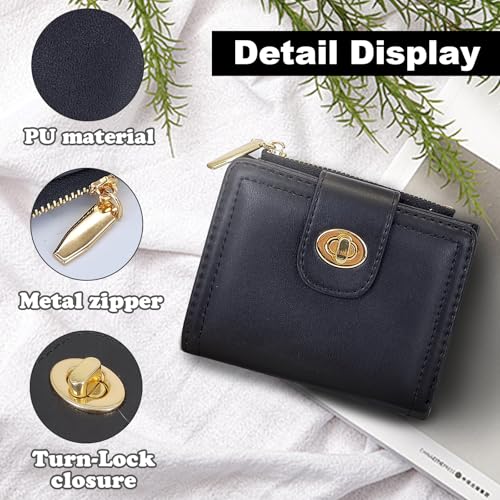 Women Wallet, PU Leather Bifold Wallet for Women, Fashion Zipper Pocket Wallet Card Holder with Lock Buckle (Black)3