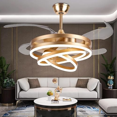 Image of HDC Invisible Golden Rings Ceiling Fan Chandelier with Remote Control | Modern Retractable ABS Blade LED Tricolor Light for Living Room Bedroom Dining Room