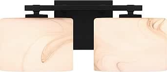 Quoizel Mather Bath Vanity Lights, 15 Inch 2-Light Lighting Fixtures Over Mirror, Matte Black with Marbled Glass Shade, 40W G9 Base Bulbs, Transitional Wall Mount Light for Bathrooms, Dresser or Sink