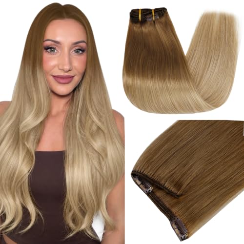 Full Shine Human Hair Clip In Extensions, Golden Brown Ombre, 135g 16 Inch