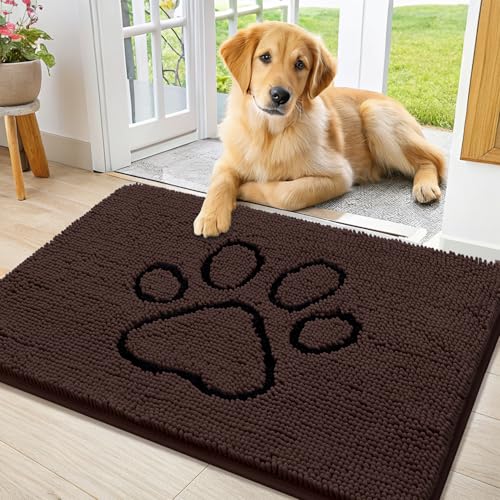 Image of Smiry Dog Door Mat for Muddy Paws, Absorbent Dirt Trapper Non Slip Quick Dry Washable Chenille Mat for Mud Dogs, Entry Rug for Indoor and Outdoor (36x24 Inches, Brown and Black)