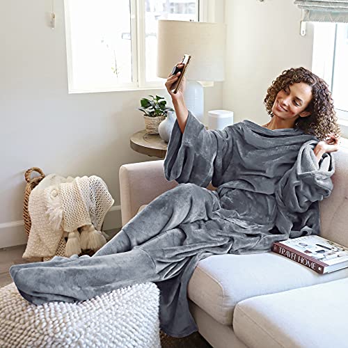 Image of Catalonia Wearable Fleece Blanket with Sleeves and Foot Pockets for Adult Women Men,Micro Plush Comfy Wrap Sleeved Throw Blanket Robe Large,Grey
