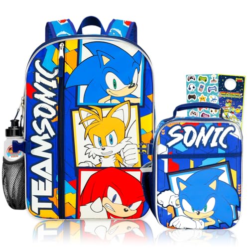 Sonic the Hedgehog Backpack with Lunch Bag Set - Bundle with 17" Backpack, Lunch Box, Water Bottle, Stickers, and More | Sonic School Bag with Lunchbox for Kids