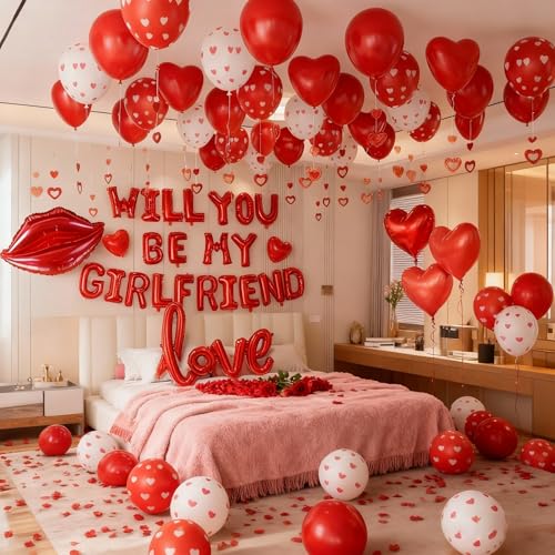Will You Be My Girlfriend Balloons Sign Be My Girlfriend Proposal Red Rose Petal Red Heart Balloons Valentines Day Decorations