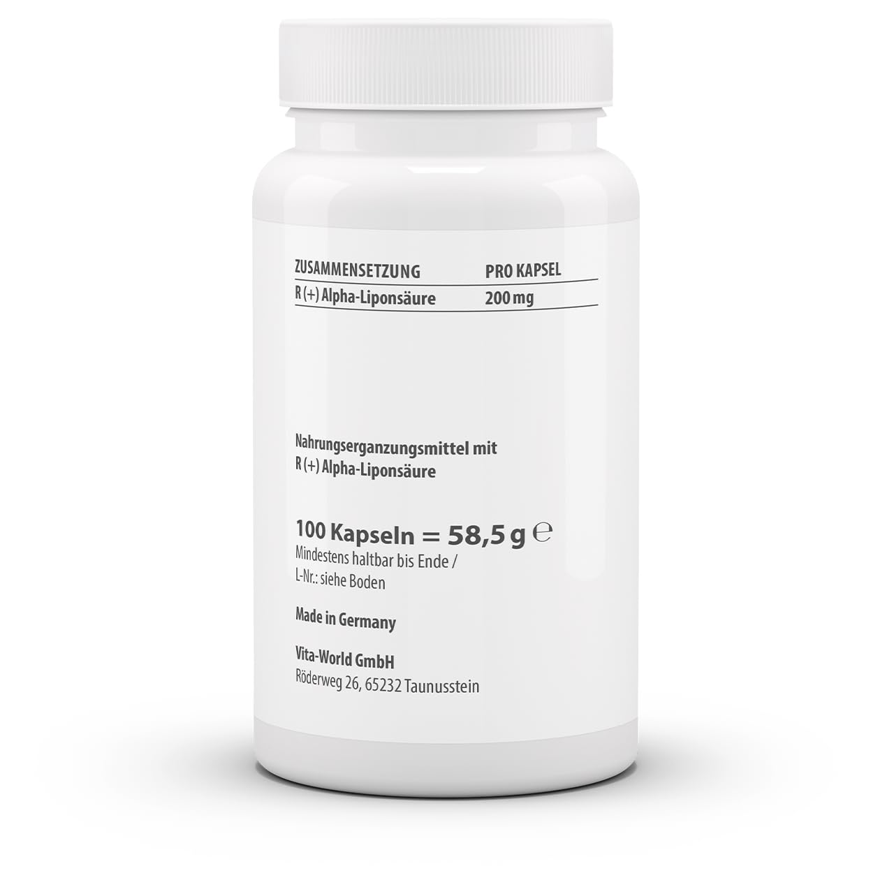 vitaworld R (+) Alpha-Liponsäure 200 mg, Aus der natürlichen, bioaktiven R (+) Form, Hoch dosiert mit 200 mg pro Tagesverzehrmenge, Vegan, 100 Kapseln