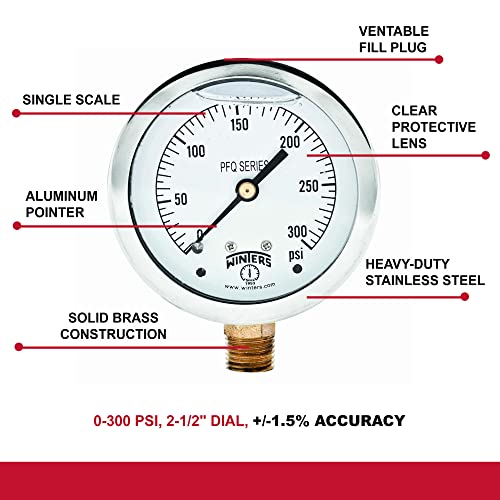 Image of Winters 2-1 /2 inch Dial Size, Liquid Filled Industrial Pressure Gauge, Brass Internals, 304 Stainless Steel Case, Single Scale 0-300 psi, 1.5% Acc, 1 /4 inch NPT Bottom Mount, Glycerin Filled Pressure Gauge