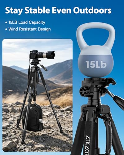 Image of 75 inch Camera Tripod, Aluminum Heavy Duty Camera Stand for ipad Phone, Travel Tripod with /Carry Bag /Phone Tablet Holder, Compatible with Canon Nikon Sony DSLR, Spotting Scopes, Max Load 15 Lb(Black)