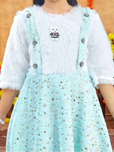 Image of Aarika Girls Turquoise Colour Foil Print Winter Woolen Frock