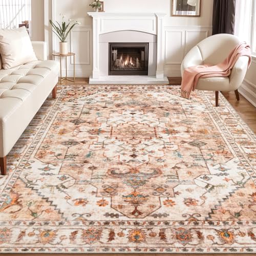 SERISSA Boho 8x10 Area Rugs Peach Cream, Washable Vintage Large Living Room Rug Non-Slip, Ultra Soft Oriental Print Distressed Farmhouse Carpet for Dining Room Bedroom Dorm Office Home Decor
