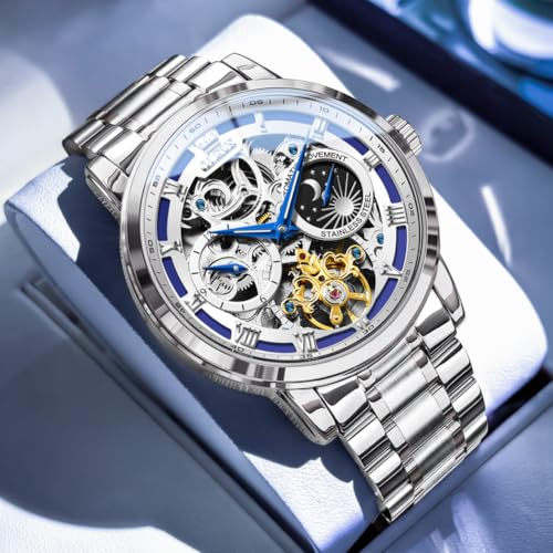 Image of OLEVS Automatic Men Watch Self Winding Mechanical Moon Phase Business Luxury Diamond Dress Stainless Steel Waterproof Luminous Mens Wrist Watch