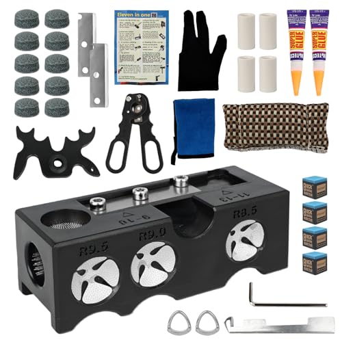 ranwin Pool Cue Tip Replacement Kit 11-in-1 Pool Cue Tip Repair and Shaping Kit Pool Cue Tip Repair Tool Include 10 Cue Tips 4 Ferrules 4 Chalks Portable Pool Stick Tip Repair Kit