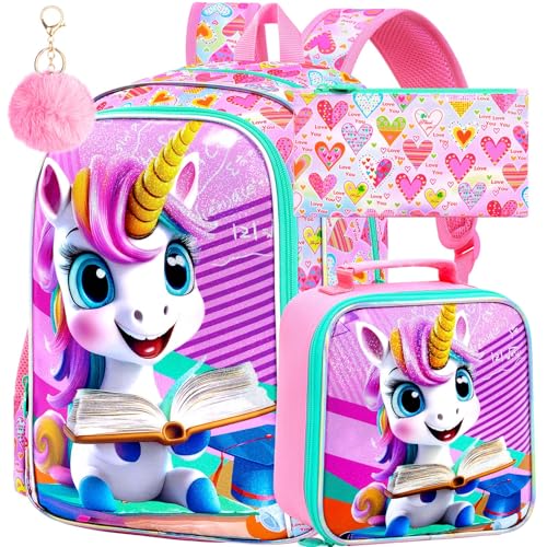 Image of AGSDON 3PCS Unicorn Backpack for Girls, 16 inch Little Kids Preschool Water Resistant Bookbag, Elementary Backpacks and Lunch Box