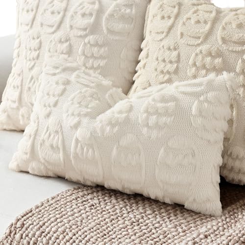 Image of decorUhome Easter Cream White Egg Pillow Covers 12x20 Inch Set of 2, Soft Plush Faux Wool Jacquard Cushion Covers, Farmhouse Neutral Fuzzy Spring Easter Holiday Decor for Couch Sofa Bed