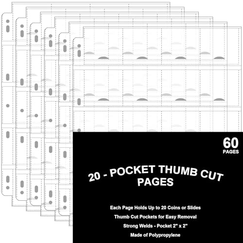 60 PCS 20-Pocket Thumb-Cut Coin Pages - Coin Pocket Pages for 2 x 2.1 Inch Cardboard Coin Holders, Collecting Sleeves for Coin Flips, 1000 Pockets for Coin Binder, Coin Collection Storage Supplies