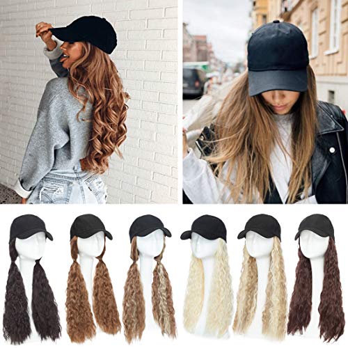 SEGO Baseball Cap with Hair Attached Hat Wigs with Hair Attached for Women Synthetic Long Corn Wave Curly Wig with Black Hat Hair Extension Stylable for Pigtail Ponytail 18 Inch Wine Red 290g