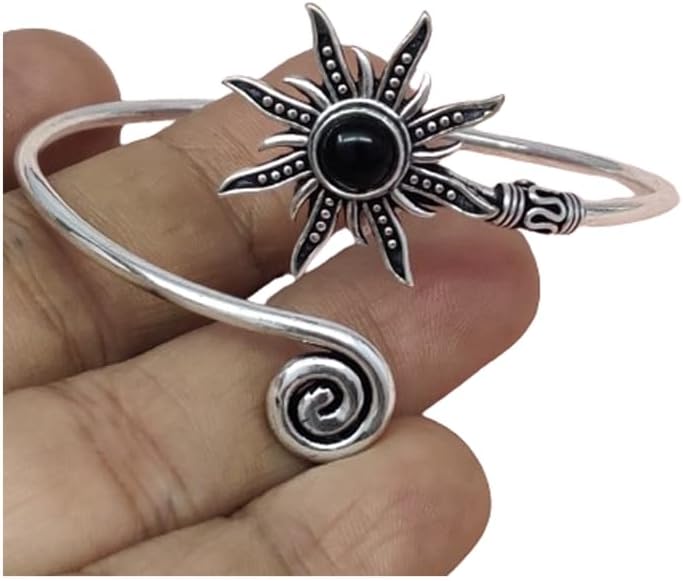 Silver Sunburst Arm Cuff, Black Onyx Stone Boho Upper Arm Bracelet, Spiral Arm Cuff, Gemstone Armlet, Sun Bohemian Jewelry Gift