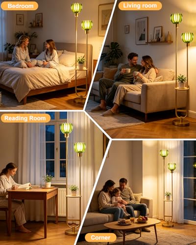 Image of Lightdot Glass Floor Lamp with Table 2-Lights Modern Gold Standing Tall Lamps with Green Lotus Glass Shade,LED Floor Lamp with Foot Switch for Living Room Bedroom Home Office (Bulbs Included)