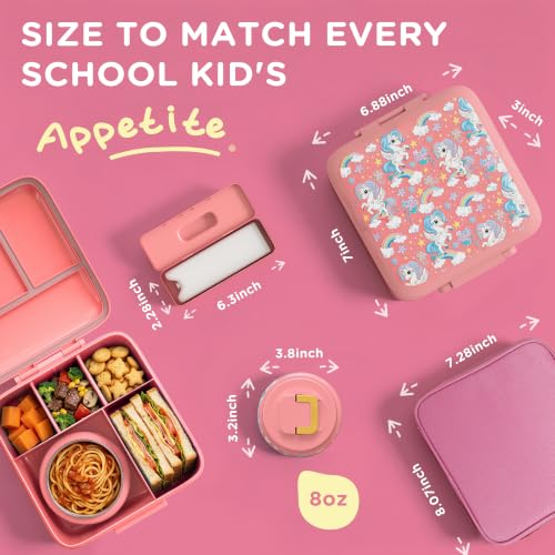 Image of JXXM Bento Lunch Box for Kids With 8oz Soup Thermo,Leak-proof Lunch Containers with 5 Compartment,Thermos Food Jar and Lunch Bag, Food Containers for School (A-Pink(Fantasy Unicorn))