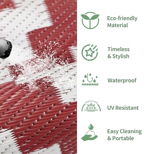 Image of GENIMO Outdoor Rug, Waterproof Plastic Rugs for Patio, 6'x9' Red White | Outside Larger Modern Carpet Mat for Porch Decor, Deck, Balcony, Camping, RV, Backyard, Picnic, Beach, Reversible, Foldable