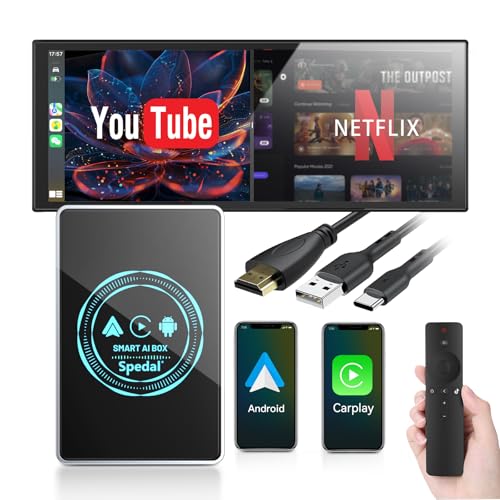 Spedal CarPlay AI Box Wireless Adapter with Netflix & YouTube, 3-in-1 Smart Box Car Streaming Device, Car Video Player 4K, Dual-Band WiFi, HDMI Output | for Cars with Wired CarPlay Android 12 (Black)