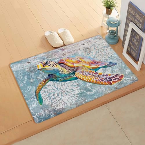 Ocean Turtles Antifatigue Kitchen Bath Door Mat Cushioned Runner Rug,Washable Welcome Floor Sink Mat,Waterproof & Non-Slip Kitchen Standing Doormat,Vintage Coastal Nautical Maps Summer Beach 18
