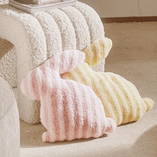 DN DECONATION Osterhasen Kissen Dekokissen, Gelb Weiß Plüschhase Kuschelkissen Hasenform 33x40 cm Plüschkissen aus Baumwolle & Sherpa für Sofa Bett Wohnzimmer Deko & Ostergeschenk Frühlingsdeko