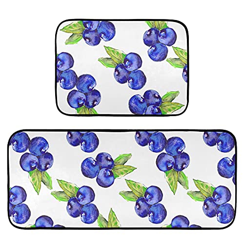 Blueberries Kitchen Mat Set of 2 Anti-Fatigue Kitchen Rug Set Non Slip Washable Cushioned Memory Foam Kitchen Runner Rugs and Mats Comfort Standing Mat for Office Desk Sink Laundry Home Decor