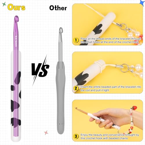 Image of Katech Ergonomic Crochet Hook, Aluminum Soft Grip Crochet Hooks for Beginners and Arthritic Hands, Soft Clay Crochet Needle with Cow Motif and Bead Chain-Ideal Gift for Crocheter (3.5mm)