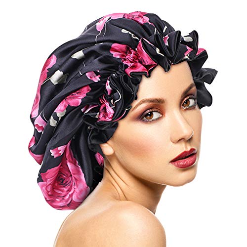 Satin Bonnet Silk Sleep Cap for Women Long Curly Hair - Night Hat Head Cover with Double Layer & Elastic Band, Soft Bonnet for Natural Hair, Braids, Dreadlocks (Black)