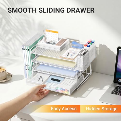 Image of OPNICE Desk Organizers and Accessories, 4-Tier Desktop File Organizer with Drawer and Pen Holders, Office Desk Accessories Workspace Organizers for Office Supplies (Soft White)