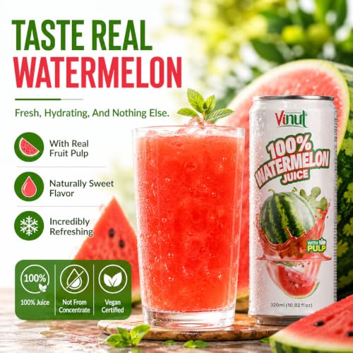 Image of VINUT 100% Watermelon Juice with Pulp, Hydrating Electrolyte Drink, No Added Sugar, Not From Concentrate, Gluten Free & Non-GMO Drink, 100% Vegan /Plant-Based, 10.82 fl oz Cans (Pack of 24)