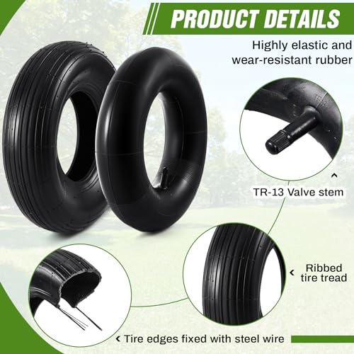 Image of 4 Sets 13'' 4.00-6 Replacement Tire and Inner Tube Set Heavy Duty 4.00-6 Tire and Wheel with TR13 Straight Valve Stem and Ribbed Treads, for Wheelbarrow Trolley Garden Wagon Wheels