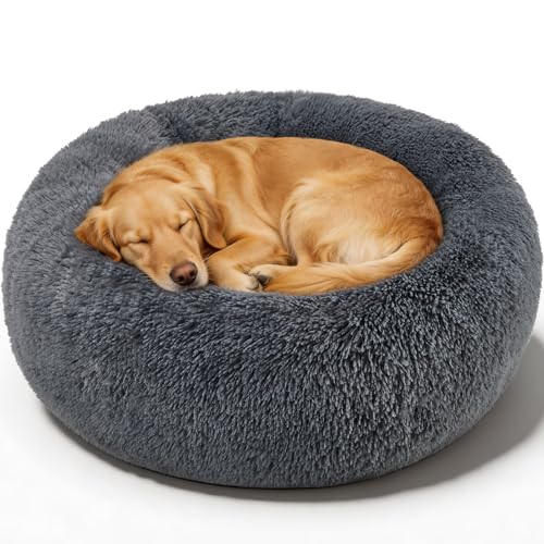 Image of Dog Calming Beds for Large Dogs Round Donut Washable Large Sized Dog Bed | Anti-Slip Faux Fur Fluffy Donut Cuddle Anxiety Pet Bed Up to 95 Lbs(36 inch Dark Grey)