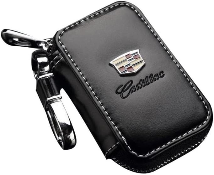 Car Key case for Cadillac ,Genuine Leather Car Smart Key Chain Keychain Holder Metal Hook and Keyring Zipper Bag (For Cadillac)