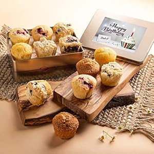 Dulcet Gift Baskets Happy Birthday Old Fashioned Muffins Assortment with Delectable Flavors- Blueberry, Cranberry, & Banana, Birthday Gift for Mom, Dad, Him, Her, Student, Military, Teens, Friends,