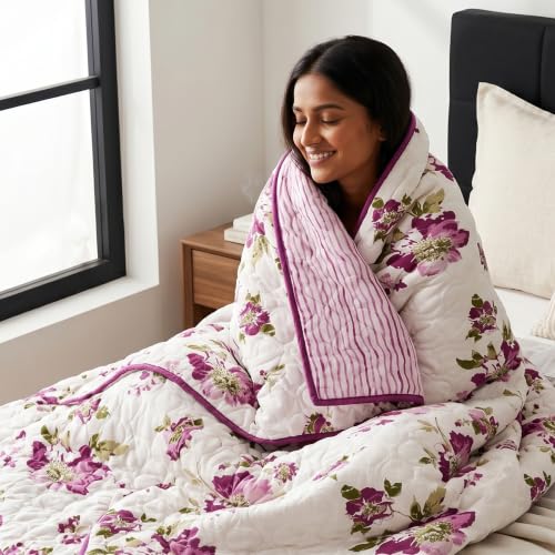 Image of HUESLAND Reversible AC Quilt Blanket Single Bed | 100% Cotton Quilted Shell, Super Soft 120 GSM Microfibre Wadding | Lightweight Comforter for All Weather Use | 55 x 88 inches, Floral Fusion