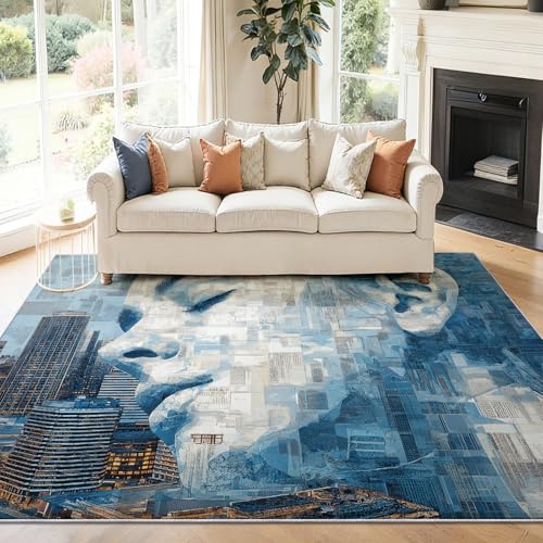 Alfombra Salon 90 x 150 cm Antideslizante Alfombras Lavables en Lavadora Habitacion Dormitorio Retrato Abstracto de la Ciudad Comedor Modernas Tapete Quarto Pelo Corto Azul