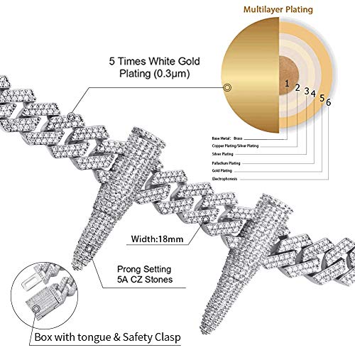 Jinao 14Mm Bullet Miami Cuban Link Charm Chain Necklace Hip Hop 18K Gold Plated Full Iced Out Cubic Zirconia Biker Punk Chain For Men (White Gold, 22) #TOP1