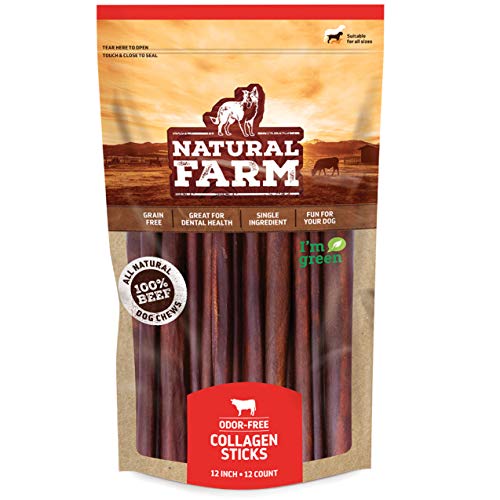 Natural Farm Collagen Sticks - Odor-Free, 12” Long (12-Units) - All-Natural Beef Skin, 90% Collagen for Bone Strength and Joint Flexibility, Small and Medium Dogs – Lasts 20% More
