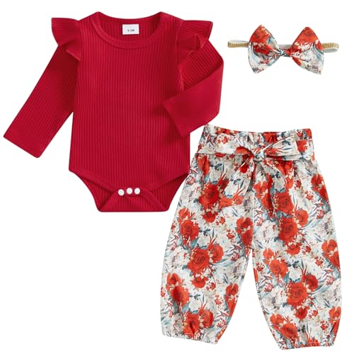 Mubineo Baby Girl Clothes Cute Outfits Ruffle Romper Flower Tops Pant Set Infant Long Sleeve Fall Winter Newborn Outfit