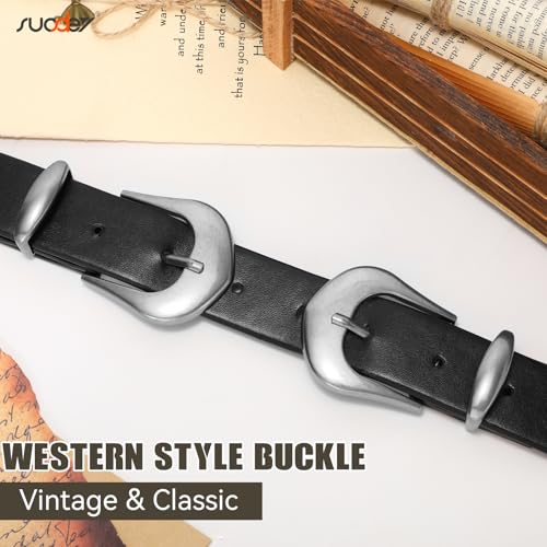 SUOSDEY Western Belts for Women Vintage Leather Belt for Jeans, Cowgirl Belt Double Buckle Dress Waist Belt black3