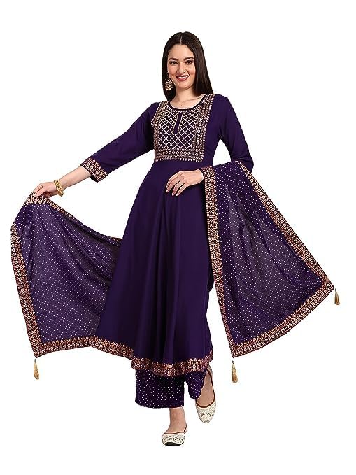 GenericBOHRA IMPEX Women's Violate Rayon Embroidered Flared Kurta with Pant and Printed Dupatta Set, Fashionable and Stylish for Casual Outings, Special Occasions or Festive Celebrations