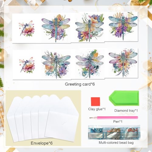 Image of AiYuanzsh 6 Pack Diamond Art Greeting Card Kits with Envelope - Dragonfly Design Floral Crystal Rhinestone Birthday & Holiday Cards, DIY Postcards for Christmas, Thanksgiving, and Gifts
