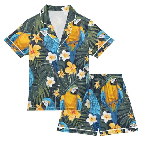 ALAZA Tropical Parrot Palm Leaves Flower Pajamas Satin Pajama Set Short Sleeve Button Down Sleepwear