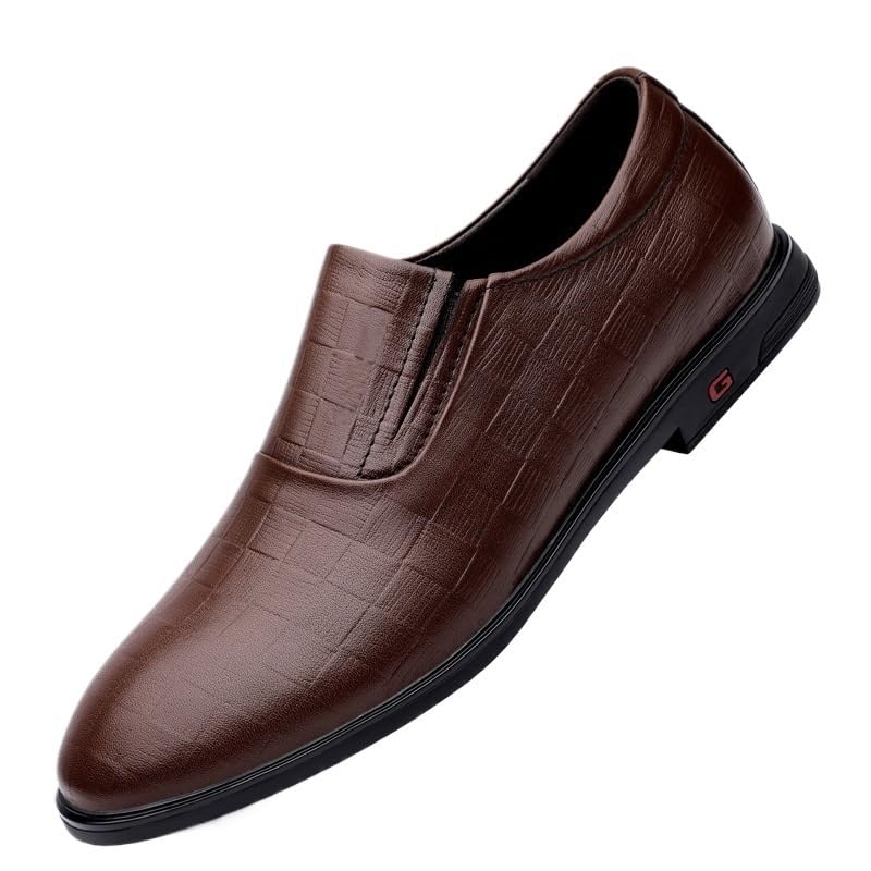 Brown Slip On Men Casual Leather Shoes Wedding Men's Dress Shoes Vintage Mens Business Shoes Comfortable Men Flats Shoes Trendy Checkered Loafers Shoes