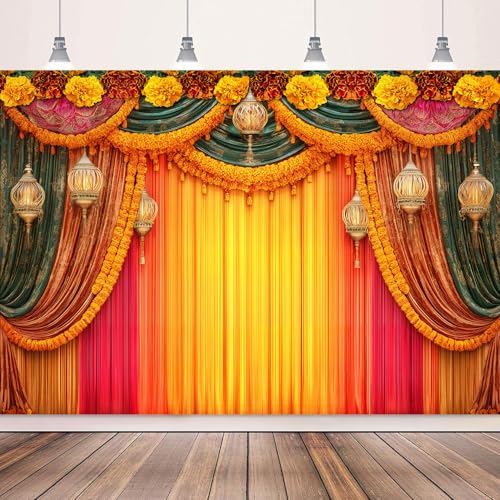 Image of India Pooja Backdrop, Puja Ganpati Pooja Traditional Mehndi Festival Party Decorations, Diwali India Wedding India Ceremony Bridal Shower Photography Background Wall Decor Props Banner 7X5FT