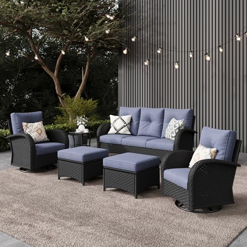 LayinSun 6 Pieces Outdoor Patio Furniture Set, Rattan Wicker Sectional Swivel Rocker Chairs Sets
